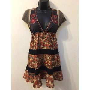 Free People Floral Boho Empire Waist Dress in Olive, Rust, Black